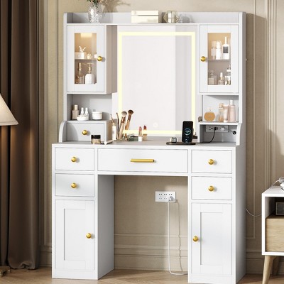 41" Vanity Desk with Mirror and Lights, Makeup Vanity with 6 Drawers, Storage Shelves