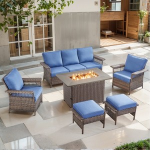 Belord 6-Piece Patio Furniture Set with 50,000 BTU Fire Pit Table, Outdoor Couch, Chairs, and Ottomans for Backyard or Deck - 1 of 4