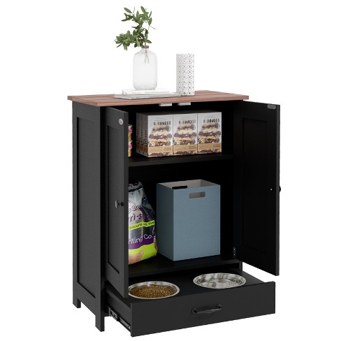 PawHut Dog Feeding Station Dog Food Storage Cabinet with Raised Dog Bowls Adjustable Panel Hooks for Medium Sized Dogs Black