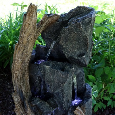 Gray Polyresin Cascading Mountainside Outdoor Water Fountain with LED Lights
