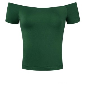 INSPIRE CHIC Women's Short Sleeves Off The Shoulder Stretchy Fabric Solid Crop Top - 1 of 4