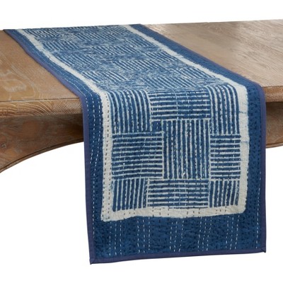 72" x 14" Cotton Kantha Stitch Table Runner Blue - Saro Lifestyle