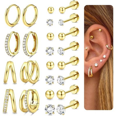 Jstyle Hypoallergenic Gold Stud Hoop Earrings for Women Men Surgical Stainless Steel Flat Back Earrings Small 14K Gold Huggie Hoops