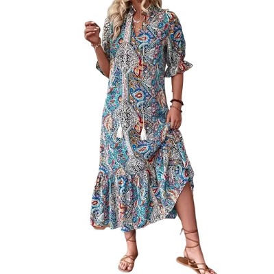 Women's Bohemian Print Dress Half Sleeve Flowy Casual Maxi Summer Dress