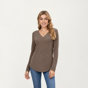 Anna-Kaci Women's Long Sleeve V-Neck Knit Top with Curved Hem and Relaxed Fit - 1 of 4