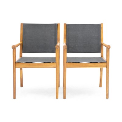 GDFStudio Acrux Outdoor Modern Textilene and Acacia Dining Chair (Set of 2), Dark Gray/Teak