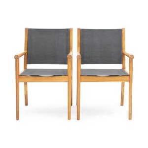 GDFStudio Acrux Outdoor Modern Textilene and Acacia Dining Chair (Set of 2), Dark Gray/Teak - 1 of 4