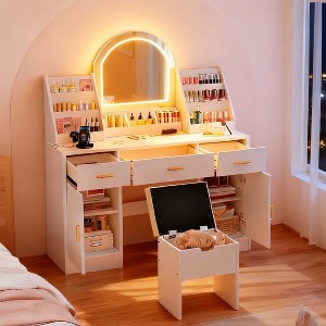 AENKYO 47.2" Makeup Vanity Desk with 3 Color Adjustable LED Mirror - Dressing Table with Storage Stool, 3 Drawers & 2 Cabinets for Bedroom, White - 1 of 4