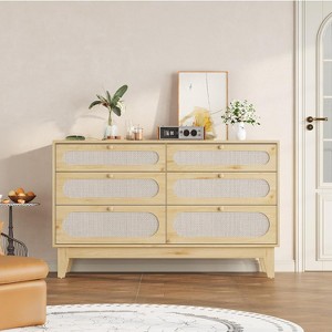 Jojoka Dresser with Charging Station, 6 Drawer Rattan Wood Chest with Solid Legs, Multi-Size Storage Cabinet for Bedroom, Living Room, Entryway - 1 of 4