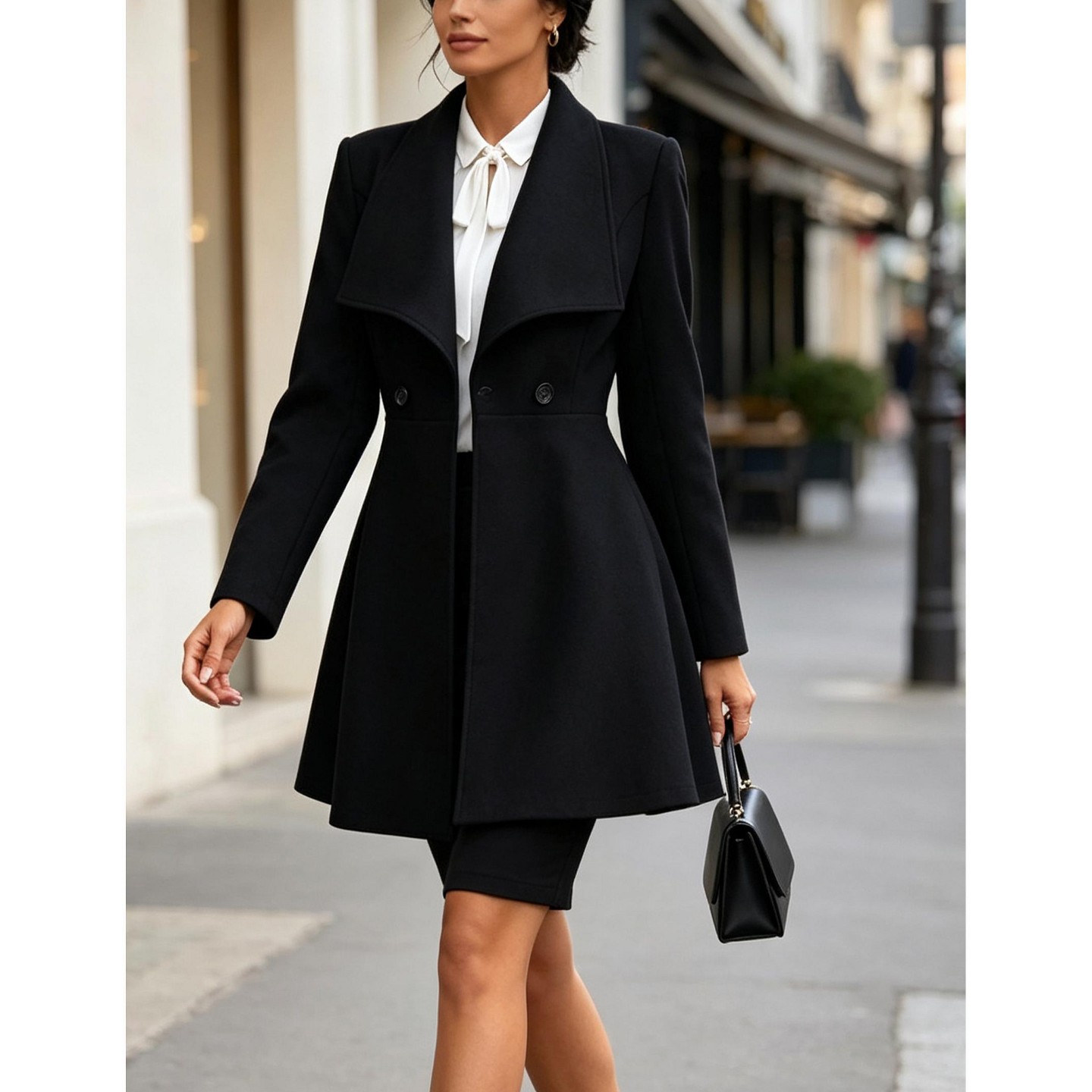 Женское пальто YesFashion Women Lapel Collar Wool Blend Coat, Mid‑Length Single Breasted Trench Overcoat, Slim Fit Long Sleeve Outerwear, S, Black, цвет: Чёрный — фото 2
