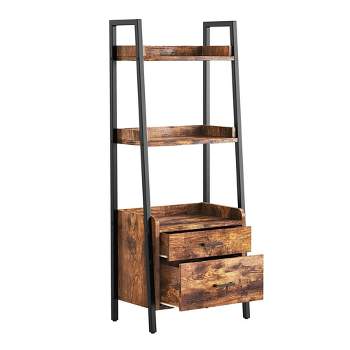 Fabato Bookshelf Bookcase w/Ladder Shelves, Metal Frame, & 2 Organizing Drawers for Living Room, Office, or Bedroom