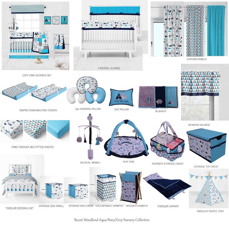 Bacati - Woodlands Forest Animals Aqua/Navy/Grey 6 pc Baby Crib Bedding Set with Long Rail Guard Cover for Boys, 4 of 13