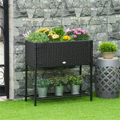 YONWAY Raised Garden Bed, Elevated Planter Box with Rattan Wicker Look, Tool Storage Shelf for Herbs, Vegetables, Flowers