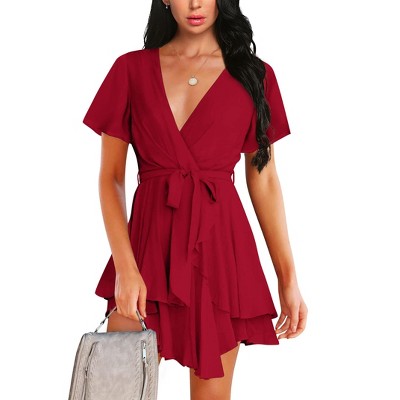 Womens Summer Dresses V Neck Ruffle Short Sleeve Flowy Swing A Line Midi Dress