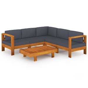 vidaXL Modern 6 Piece Acacia Wood Patio Lounge Set with Dark Gray Cushions - Comfortable Outdoor Furniture for Garden, Patio, or Balcony - 1 of 4