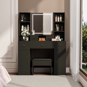 Makeup Vanity Desk With Mirror And Lights, 3 Color Lighting Modes, Modern Dressing Table With Storage Drawers And Cabinet, For Bedroom, Dressing Room - 1 of 4