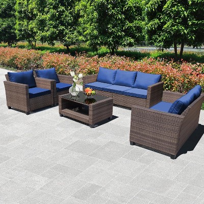 5-Piece Rattan Patio Furniture Set - 7-Seat Outdoor Furniture Sectional Sofa with Storage Table, Wicker Patio Furniture Set with Cushions