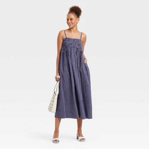 Women's Spaghetti Strap Smocked Dress - A New Day™ Navy Blue Striped Xl :  Target