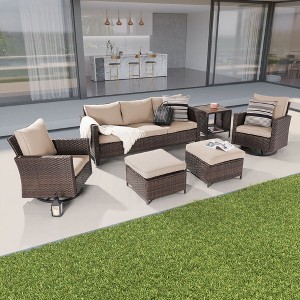 Sonkuki 6-Piece Patio Conversation Set with Swivel Rocking Chair and Side Table, Navy Blue Cushion - 1 of 4