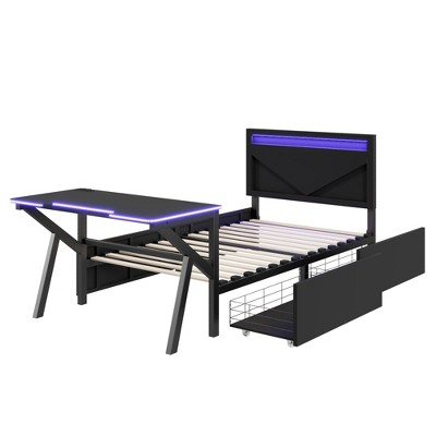 ZHUTA Metal Gaming Bed with Headboard,Desk,and 2 Storage Drawers, Modern Gaming Furniture for Teens and Adults,Black
