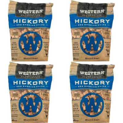 Western Premium BBQ 180 Cubic Inch Hickory Barbecue Flavorful Heat Treated Grilling Smoking Wood Chips for Charcoal Gas and Electric Grills (4 Pack)