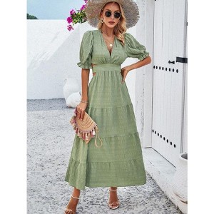 Coolmee Womens Boho Summer Dress Puff Sleeve V Neck Back Hollow Elastic Waist Beach Maxi Dresses - 1 of 4