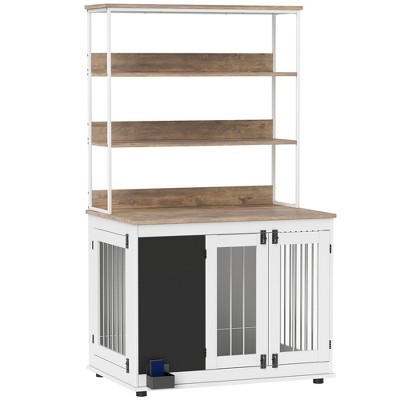Large White Particleboard and Steel Dog Crate Table with Shelves