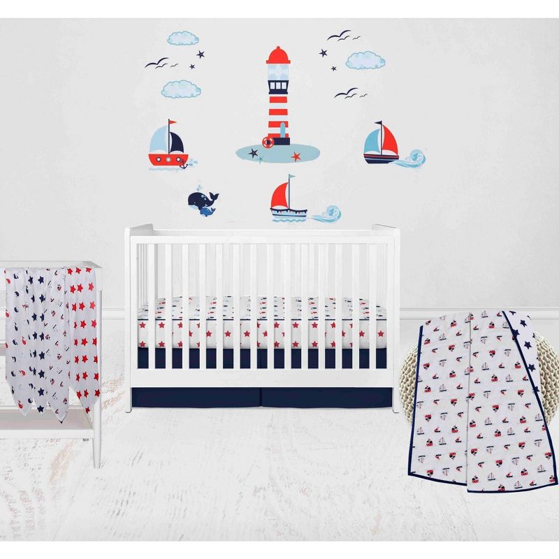 Bacati - Boys Nautical Muslin Whales Boat Red Blue Navy 8 pc Crib Bedding Set with Long Rail Guard Cover, 2 of 8