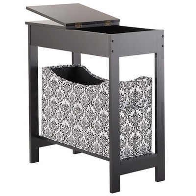 Black Gloss Rectangular Wood Side Table with Storage Bin