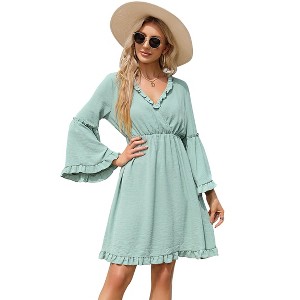Coolmee Women's Spring Summer Dress V Neck Ruffle Sleeve A line Mini Dress Flowy Swing High Waist Dresses - 1 of 4
