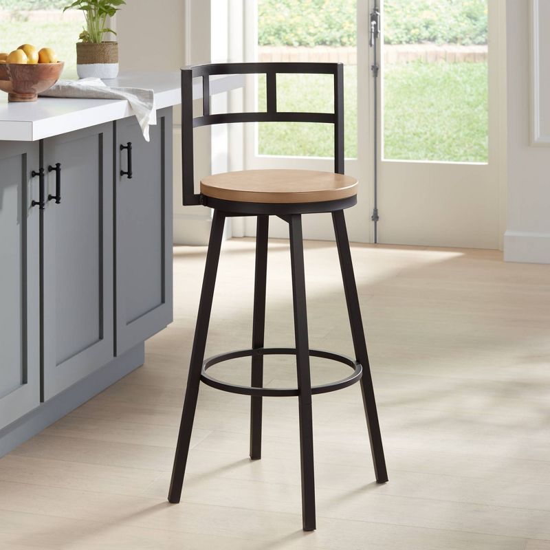 Elm Lane Latham Matte Black Swivel Bar Stool 25 1/4" High Industrial Roark Gray Wood Seat with Backrest Footrest for Kitchen Counter Height Island, 2 of 10