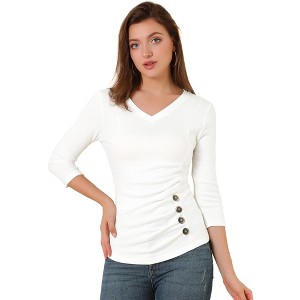INSPIRE CHIC Women's V Neck 3/4 Sleeves Solid Knitted Buttons Decor Ruched Blouse - 1 of 4
