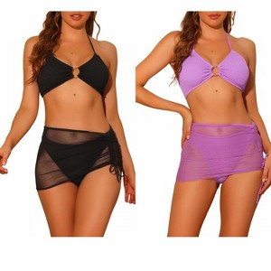 Elerevyo Women's Halter Ring Textured Solid Color Cover Up Mesh Skirt Bikini Bathing Suits 2 Sets - 1 of 4