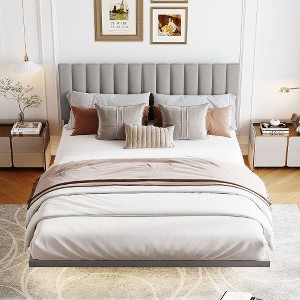 Queen-Size Velvet Upholstered Floating Platform Bed with Integrated Headboard and Sensor Light - 1 of 4
