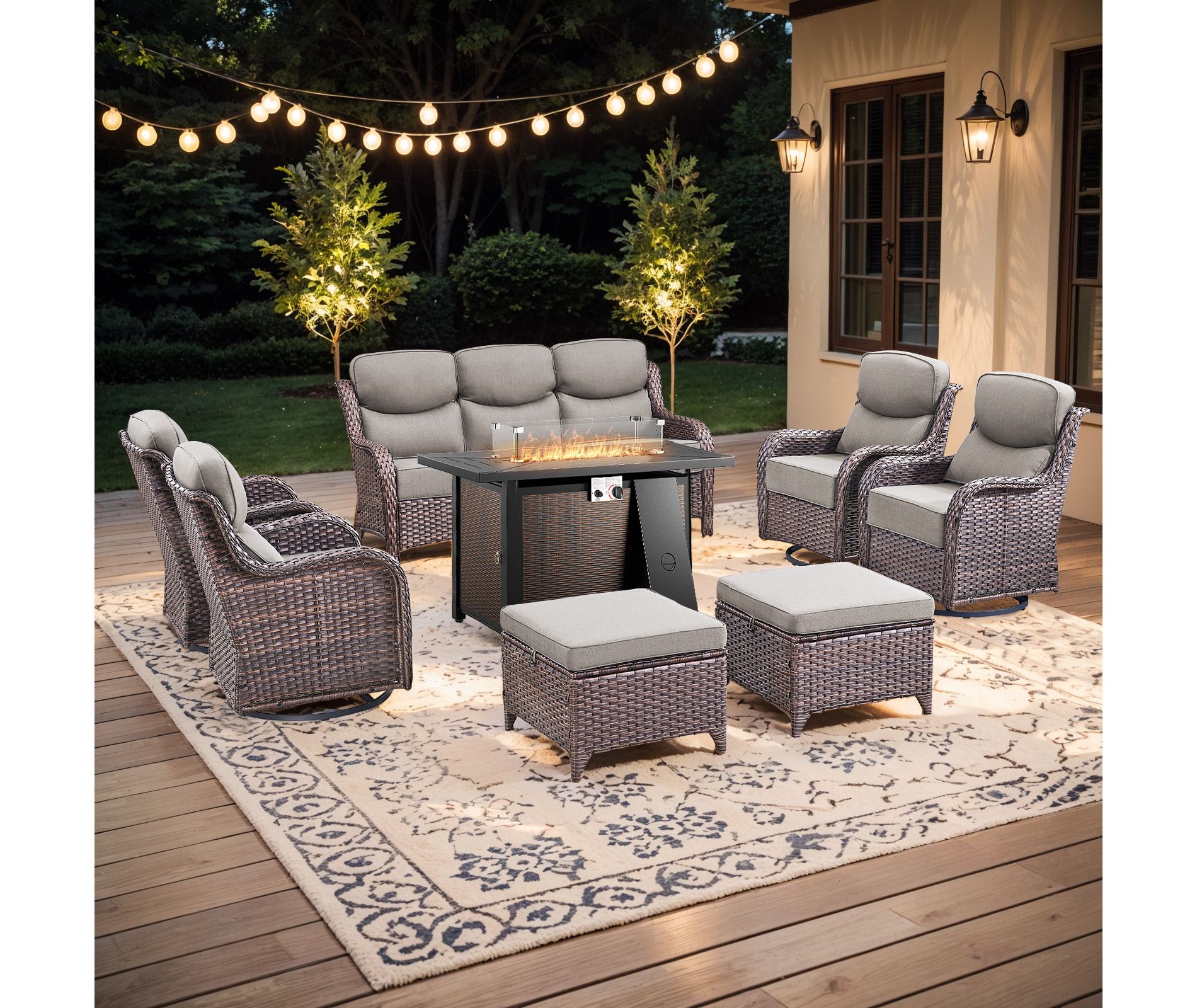 Gymojoy 8 Pieces/9 Pieces Outdoor Fire Pit Table w/ Patio 6in Sofa Swivel Chairs Table Ottoman Set
