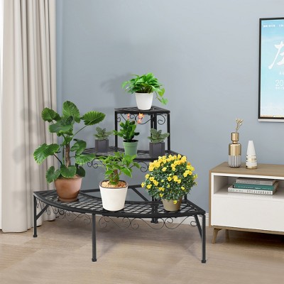 Black Metal 3-Tier Corner Plant Stand with Decorative Lace