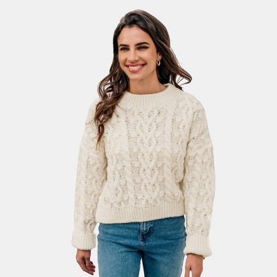 Women's Beige Cable Knit Drop Shoulder Sweater - Cupshe