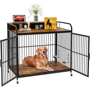 Wooden Dog Crate Furniture, Modern End Table with Adjustable Feeder, 360-Degree Wheels and Storage Shelf, Heavy-Duty Pet Kennel for Medium Dogs, Brown - 1 of 4