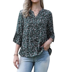 INSPIRE CHIC Women's 3/4 Sleeve V Neck Floral Ruffle Sleeve Dressy Casual Summer Tunics Blouses - 1 of 4