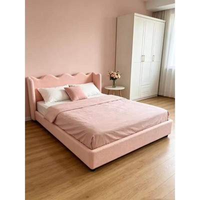 Twin XL Wave Upholstered Platform Bed Frame, Soft Teddy Fleece