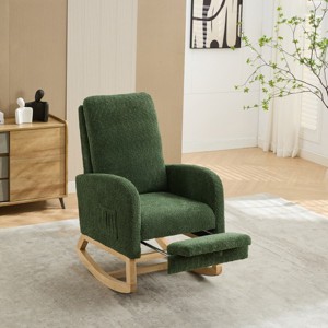 Modern Boucle Rocking Chair with Retractable Footrest, Upholstered Accent Lounge Chair with Wood Legs for Living Room or Bedroom–The Pop Home - 1 of 4