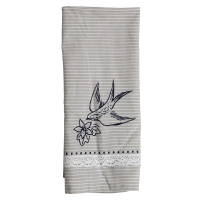 Embroidered Bird 27 x 18 Inch Woven Kitchen Tea Towel with Hand Sewn Lace Trim - Foreside Home & Garden