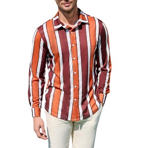Clearlove Men's Striped Print Long Sleeve Shirt Casual Button Down Wrinkle Resistant Office Wear Comfortable Dress Shirt Brown S - 1 of 4