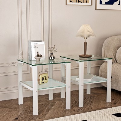 VYNXARIA Set of 2, Glass two layer tea table, small round table, bedroom corner table, living room side table