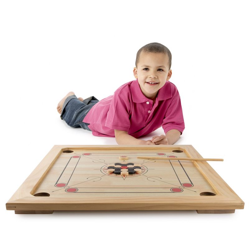 Toy Time Classic Carrom Strike-and-Pocket Tabletop Board Game With Cue Sticks, Coins, and Striker - Pine, 3 of 7