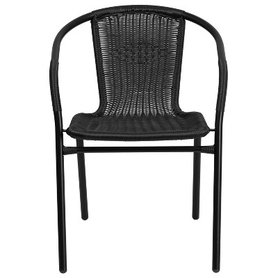 Black Rattan Indoor-Outdoor Stackable Dining Chairs with Curved Back, Set of 2