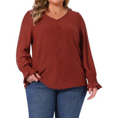 Women's Plus Size Smocked Long Sleeve Chiffon Button Decor V Neck Solid Casual Blouse - Agnes Orinda