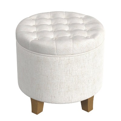 Cream Tufted Round Storage Ottoman with Wooden Legs