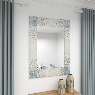 Coastal Cream Rectangular Wall Mirror with Blue Mosaic Corners