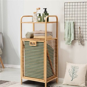 Angel Sar Bamboo Bathroom Shelf with Tilt-out Laundry Hamper, 2-in-1 Storage Organizer with 2 Shelves, Natural - 1 of 4
